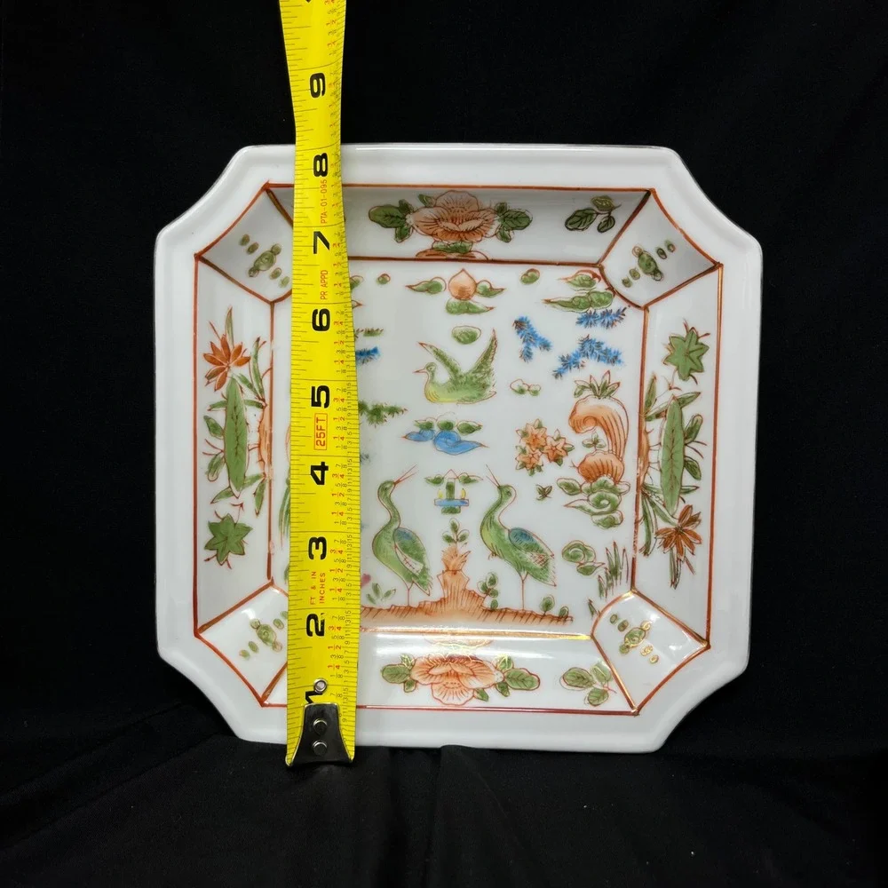 Vintage Hand Painted Porcelain Plate Bowl‎ Set Brass Rim Oriental Asian Horchow